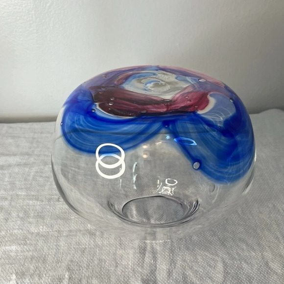 Hand Blown Magenta & Navy Swirl Art Glass Bowl Vase  Signed and Dated - Picture 7 of 10